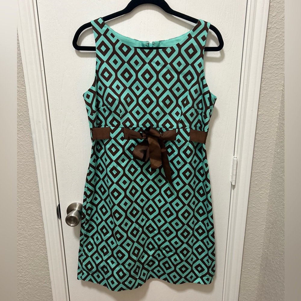 Kim Rogers Womens Dress Size 12P Turquoise Brown Tie Waist Back Zip 2010s
